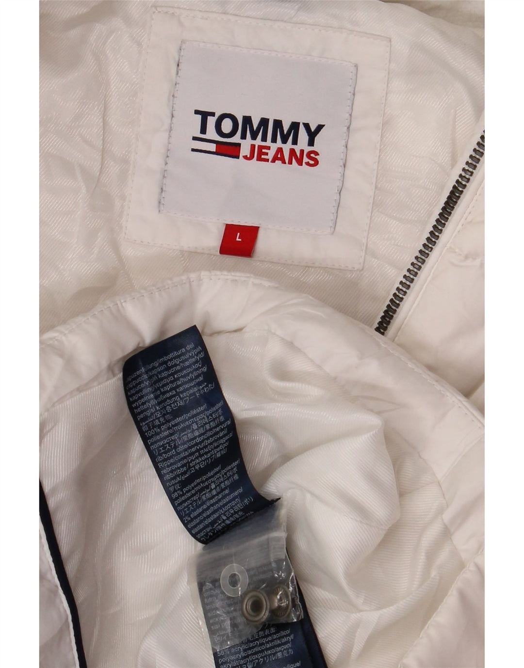 Damska ocieplana kurtka z kapturem Tommy Hilfiger UK 16, duża, biała, poliestrowa