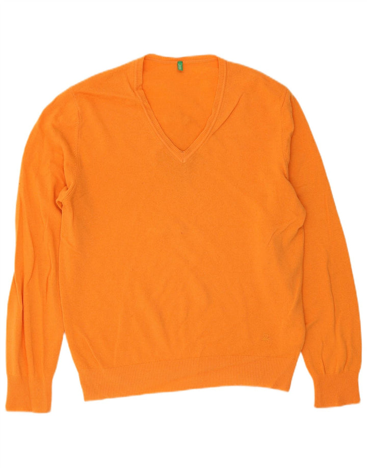 Męski sweter z dekoltem w serek Benetton XL, pomarańczowa, dziewicza wełna