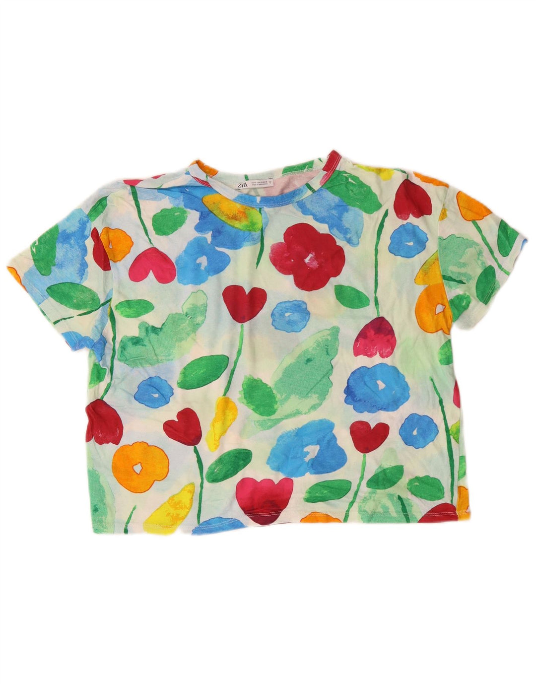 Damska koszulka z krótkim rękawem ZARA z grafiką Top UK 10, mała, wielokolorowa w kwiaty