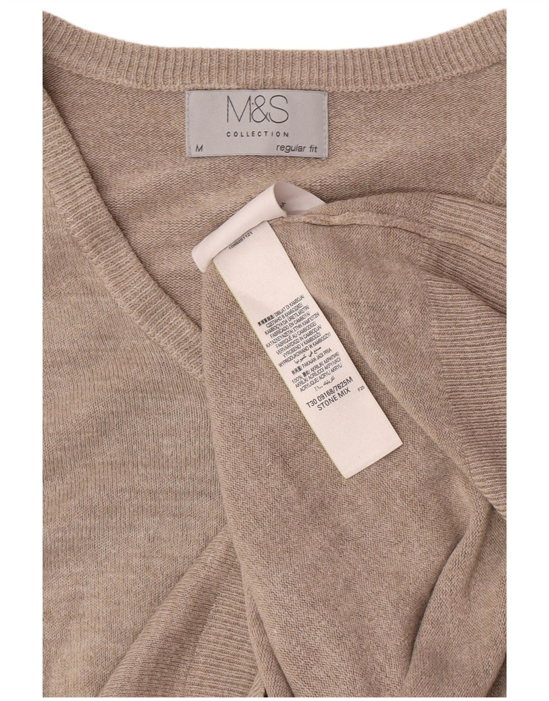 Męski sweter Marks & Spencer o regularnym kroju z dekoltem w kształcie litery V, średnio beżowy, nakrapiany