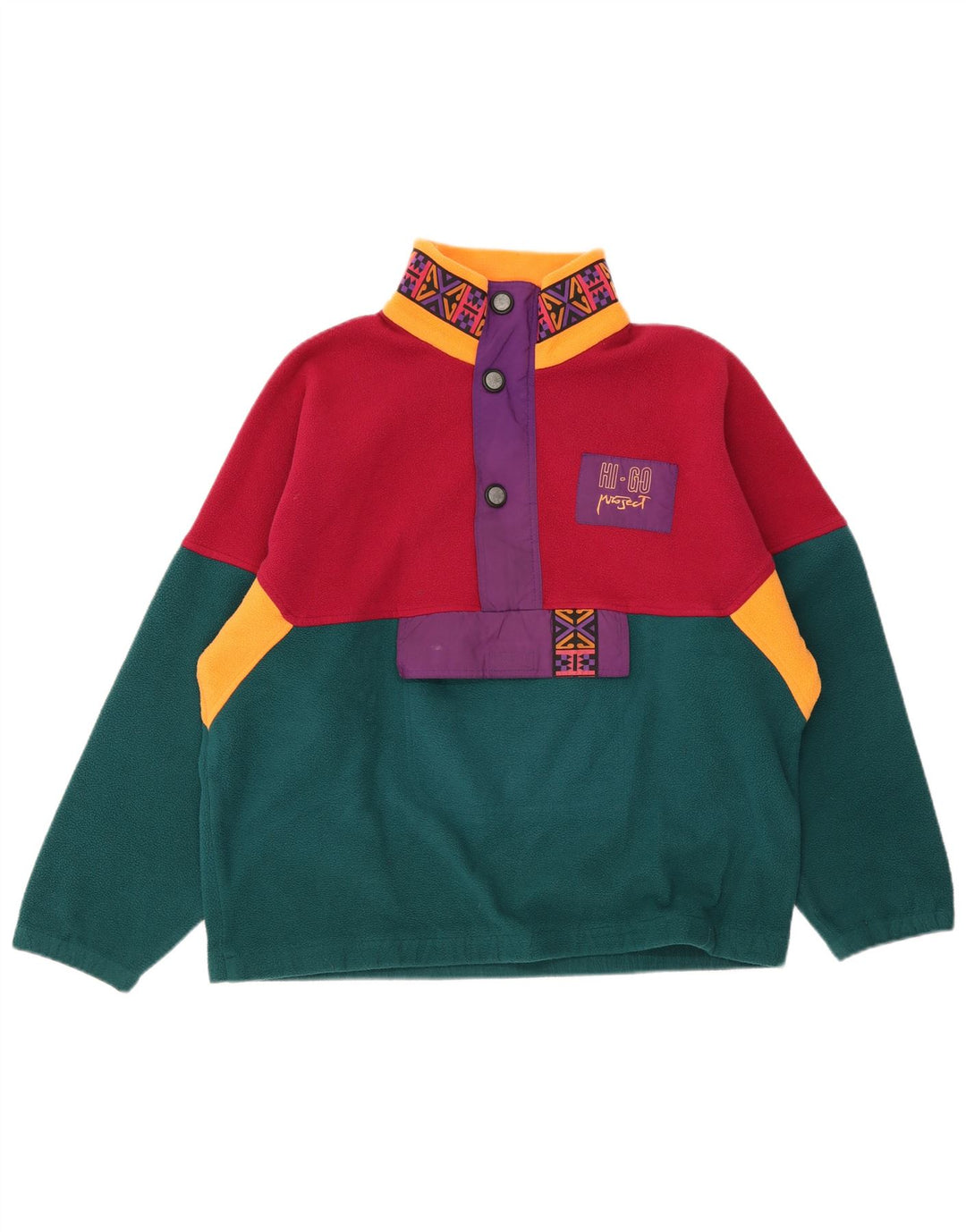 Vintage męski polarowy sweter zapinany na guziki, duży, wielobarwny blok kolorów