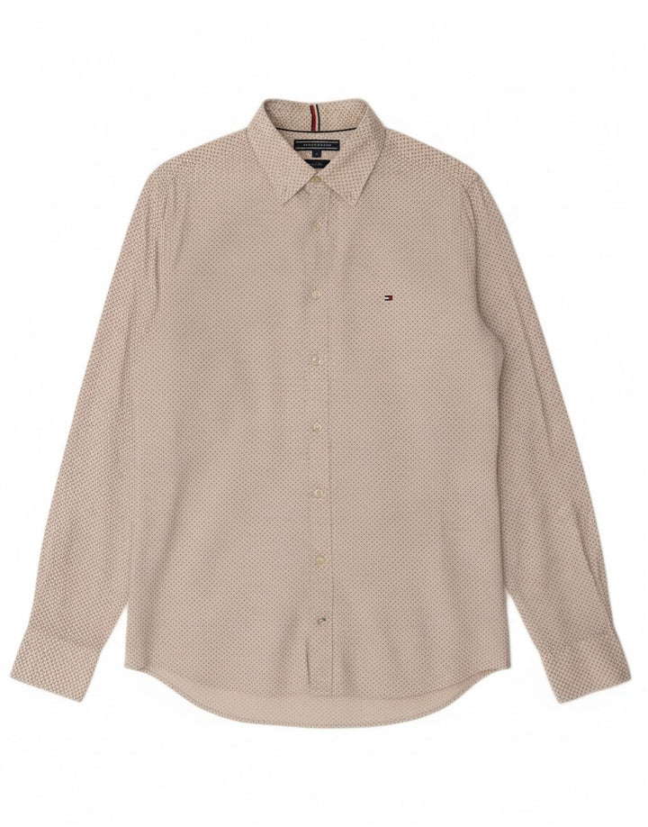 TOMMY HILFIGER Mens Slim Fit Shirt Medium Off White Spotted Cotton
