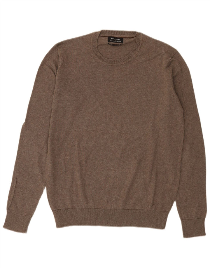 Męski sweter z okrągłym dekoltem Zara Średni brązowy bawełniany