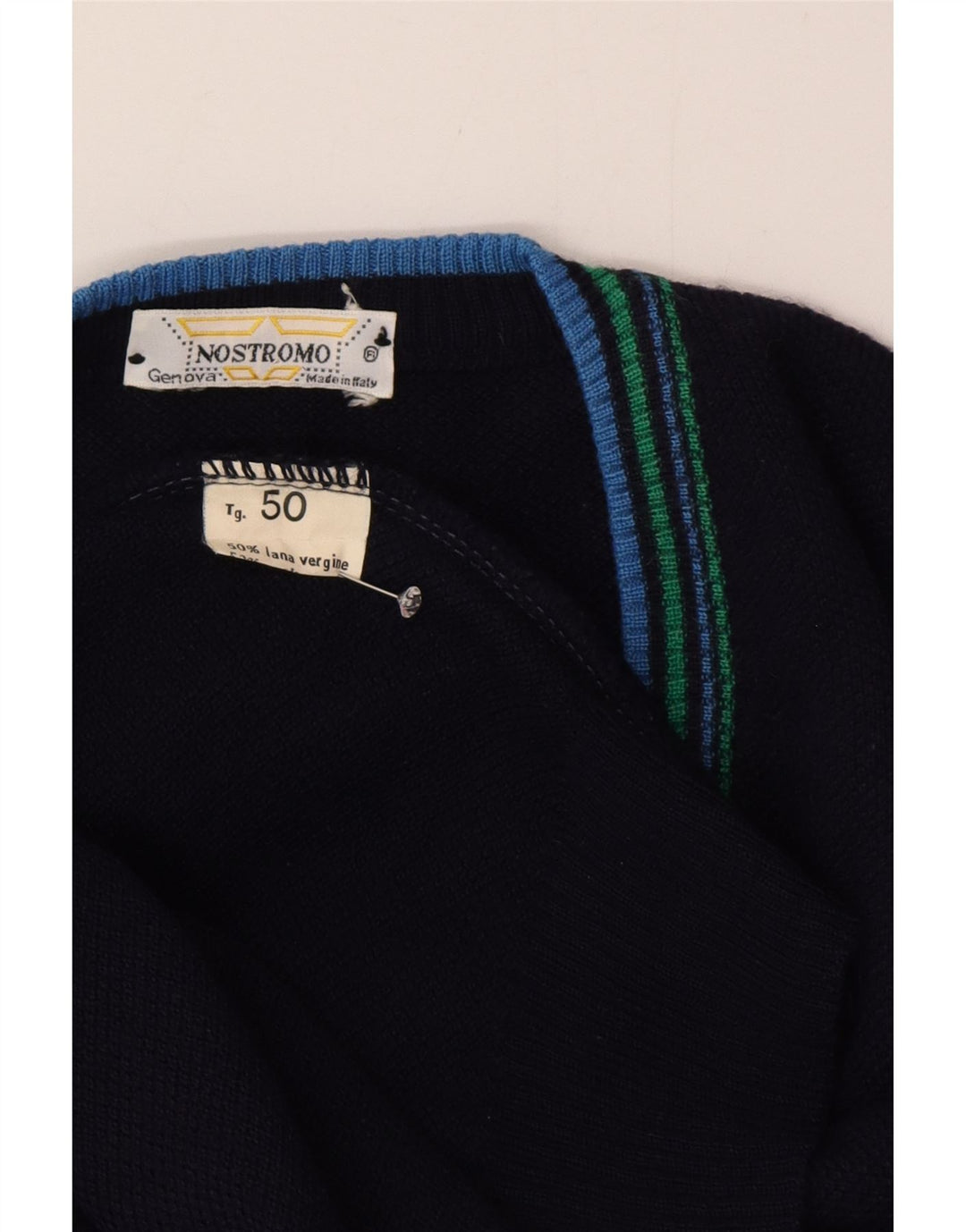 Męski sweter w stylu vintage z dekoltem w szpic IT 50 Średni granatowy wełniany