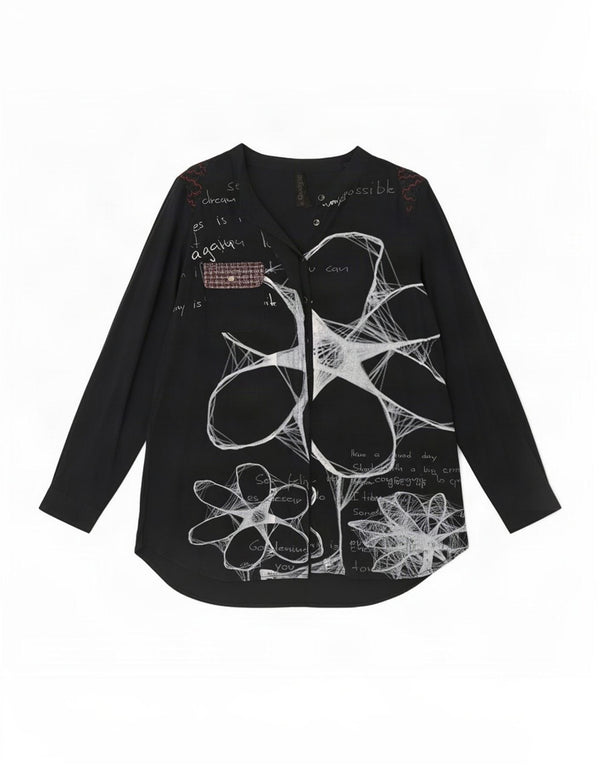 Damska bluzka koszulowa Desigual Graphic UK 18 XL, czarna w kwiaty, wiskoza