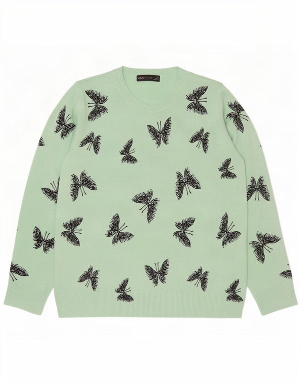 Marks & Spencer Damski sweter z okrągłym dekoltem UK 14, duży, zielony motyl