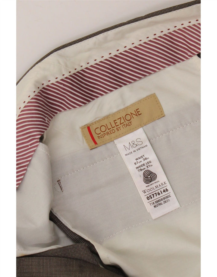 Męskie proste spodnie garniturowe MARKS & SPENCER W38 L31 Brązowa wełna