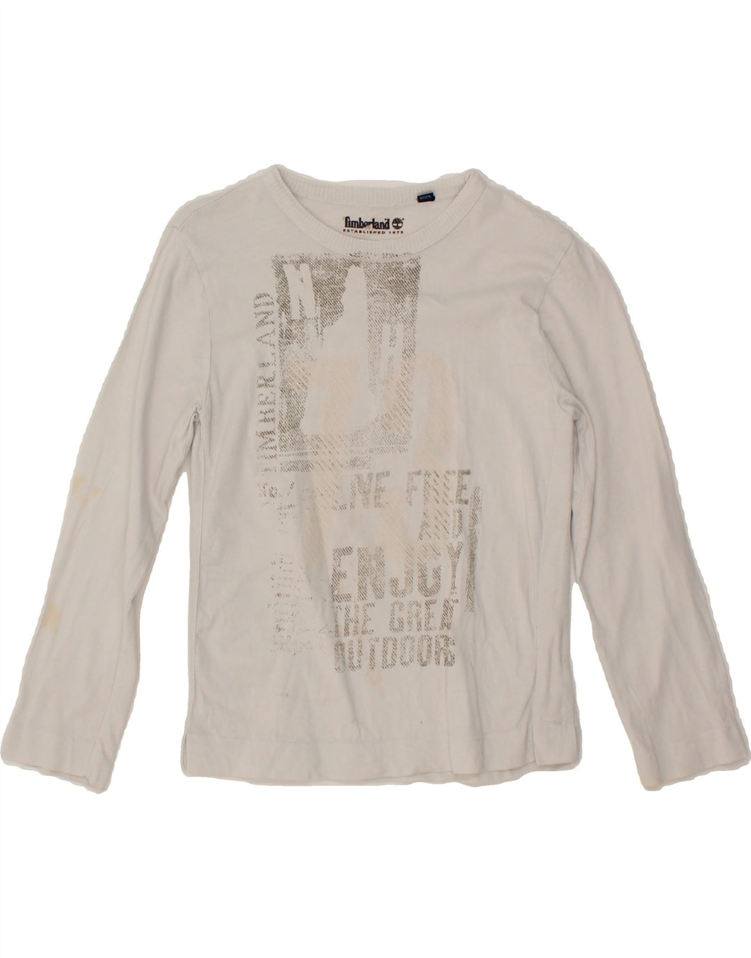 TIMBERLAND Boys Graphic Top Long Sleeve 7-8 Years White Cotton Vintage Timberland and Second-Hand Timberland from Messina Hembry 