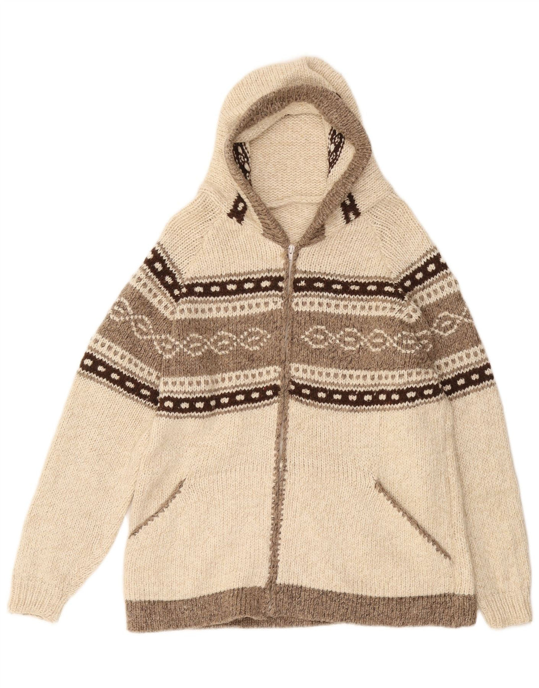 Męski sweter rozpinany z kapturem VINTAGE, średni, złamany biały Fair Isle