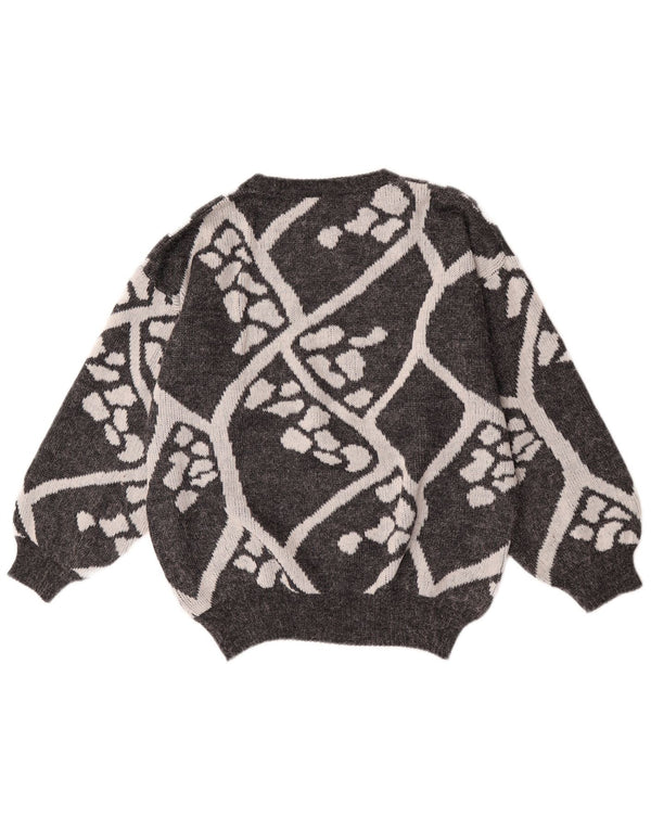 Sweter damski w stylu vintage z okrągłym dekoltem UK 16, duży, szary, geometryczny