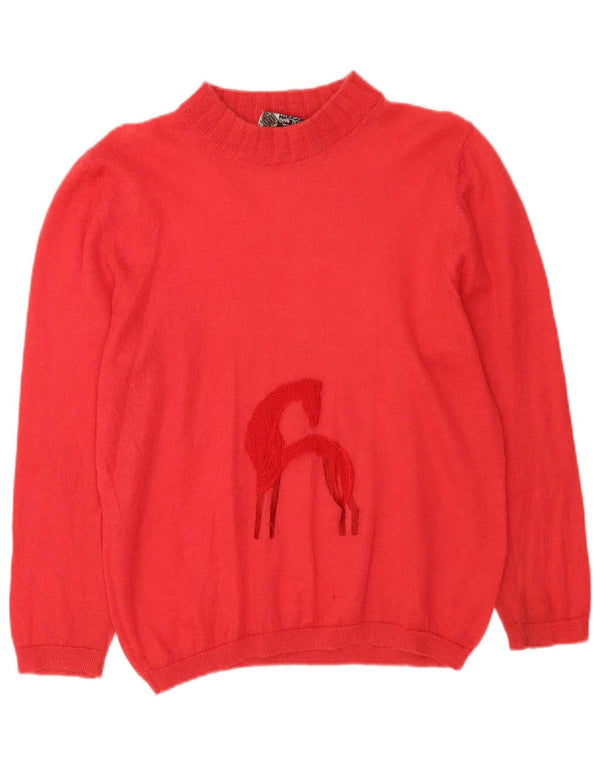 Vintage damski sweter z golfem z grafiką UK 16, duży różowy