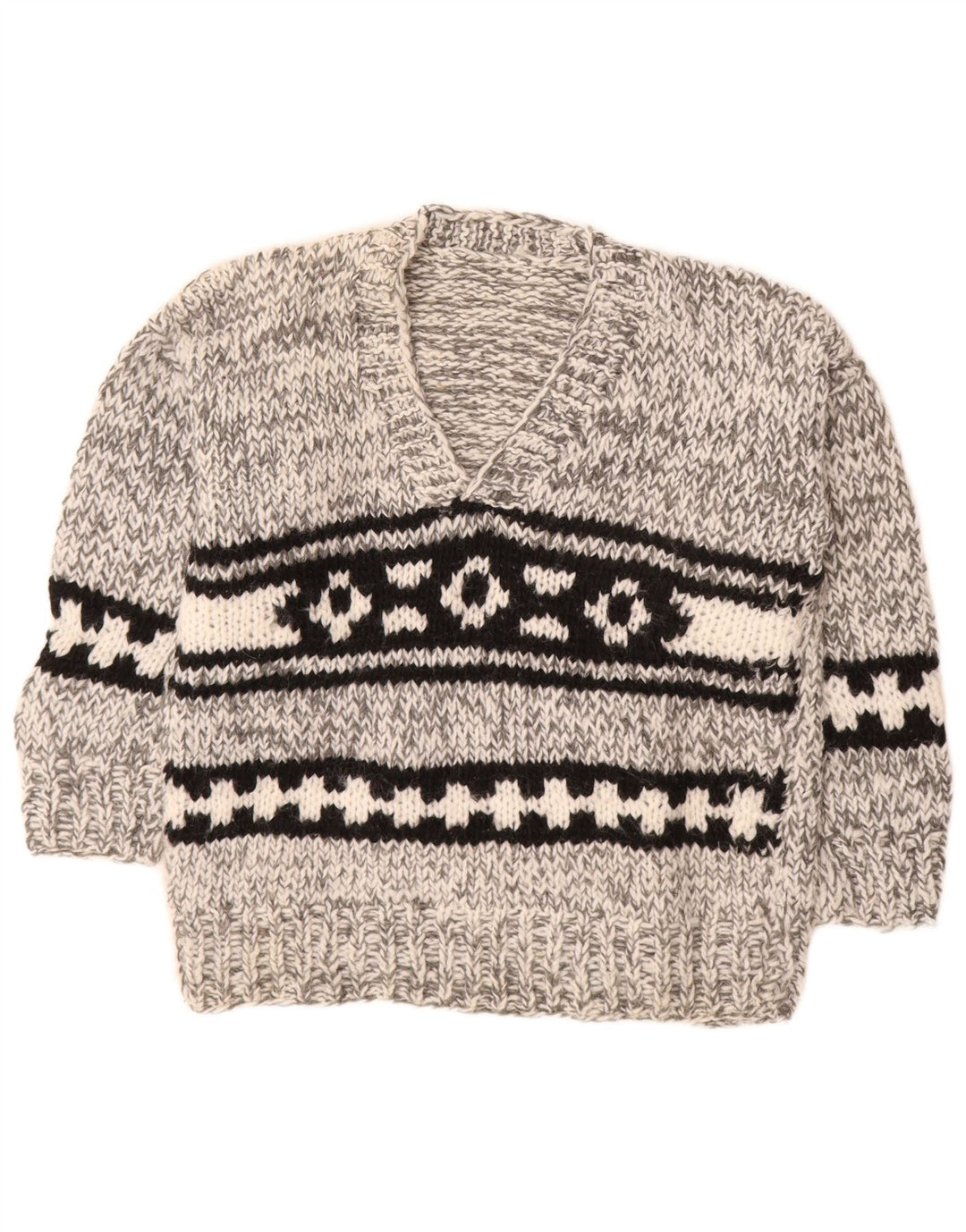 Męski sweter w stylu vintage z dekoltem w szpic, średnio szary Fair Isle