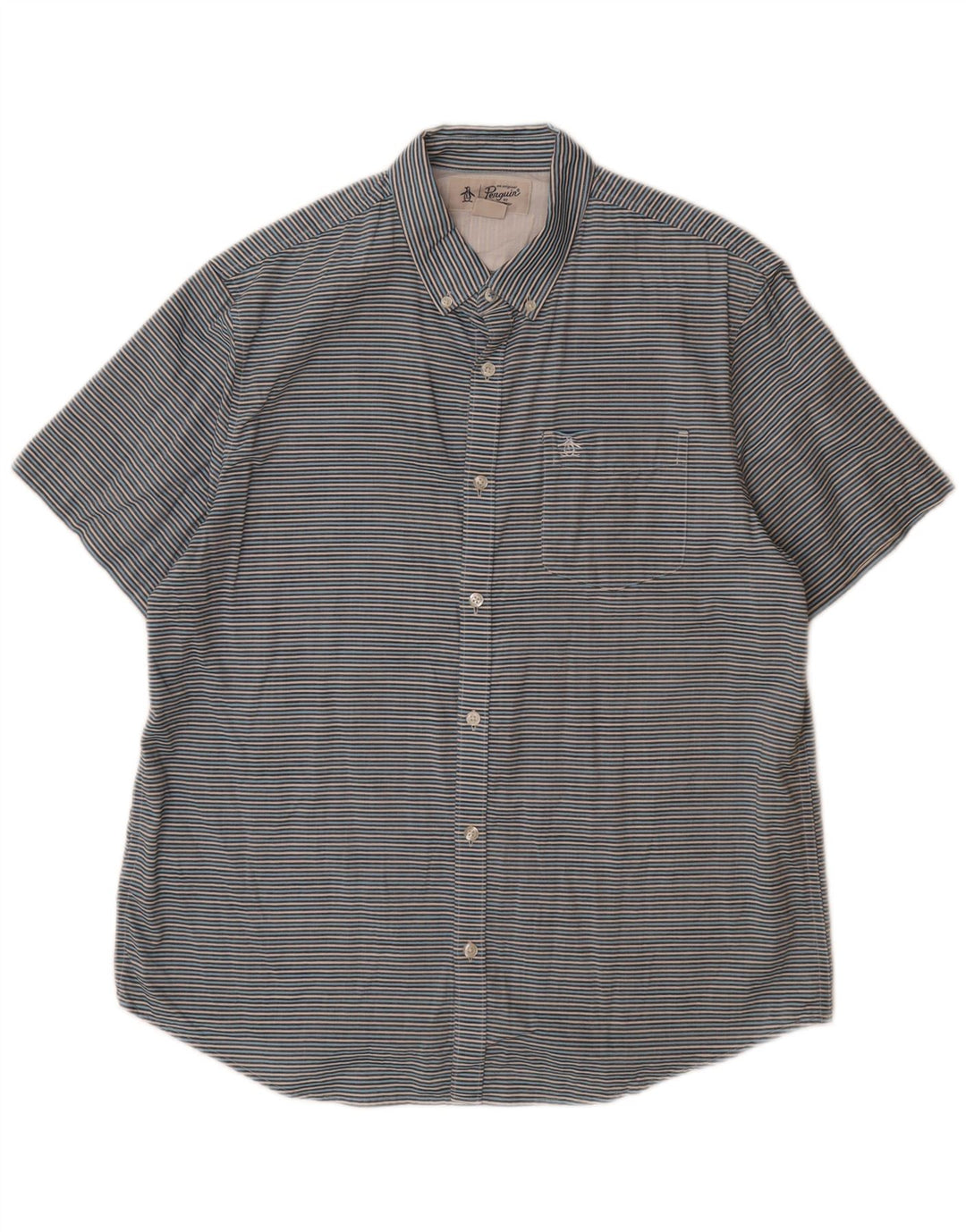 PENGUIN Męska koszula z krótkim rękawem, duża, niebieska, bawełniana w prążki