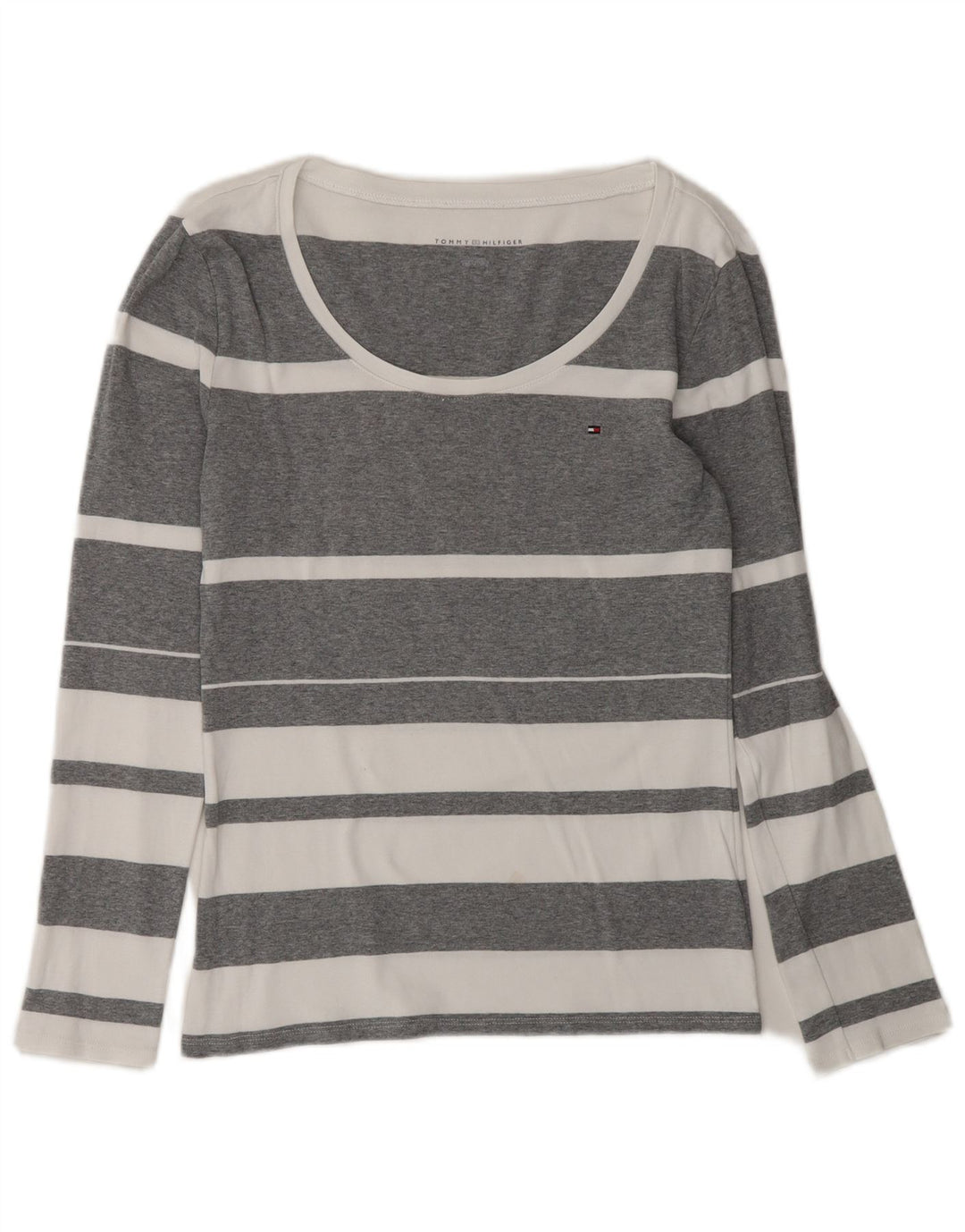 TOMMY HILFIGER Womens Top Long Sleeve UK 14 Medium Grey Striped Cotton