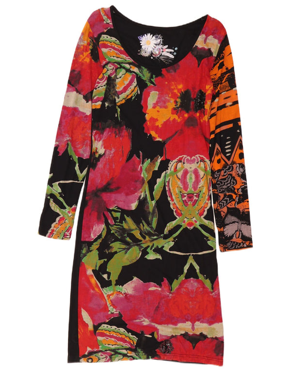 Damska sukienka typu shift Desigual z długim rękawem UK 14, duża, czarna w kwiaty, wiskoza