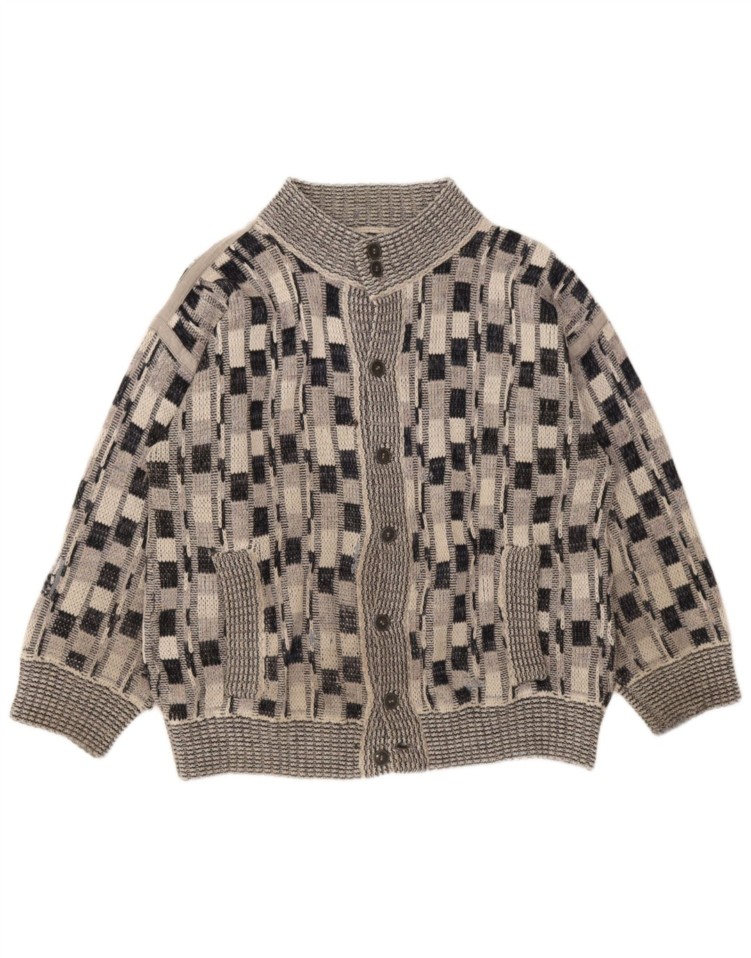 Vintage męski sweter rozpinany w dużą szarą kratkę