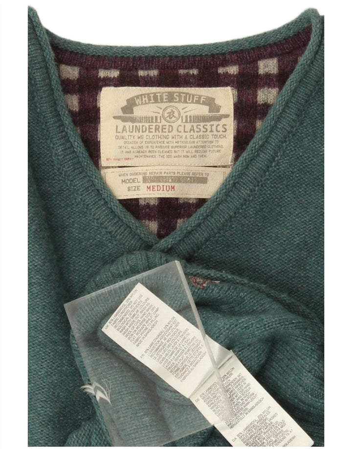 Męski sweter White Stuff z dekoltem w kształcie litery V, średnio zielony, z owczej wełny