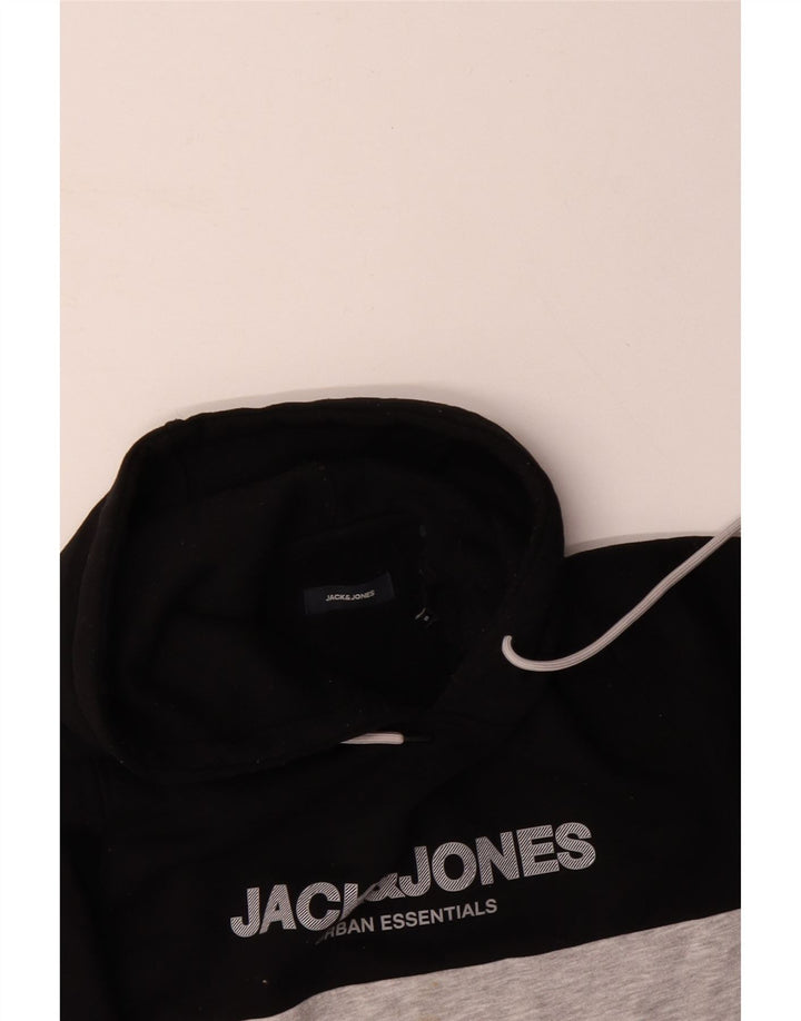 JACK & JONES Męski sweter z kapturem i grafiką, mały, czarny, bawełniany w bloki kolorów