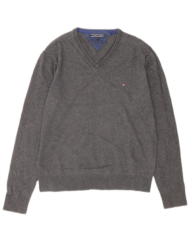 Męski sweter Tommy Hilfiger z dekoltem w kształcie litery V, duży, szary, bawełniany