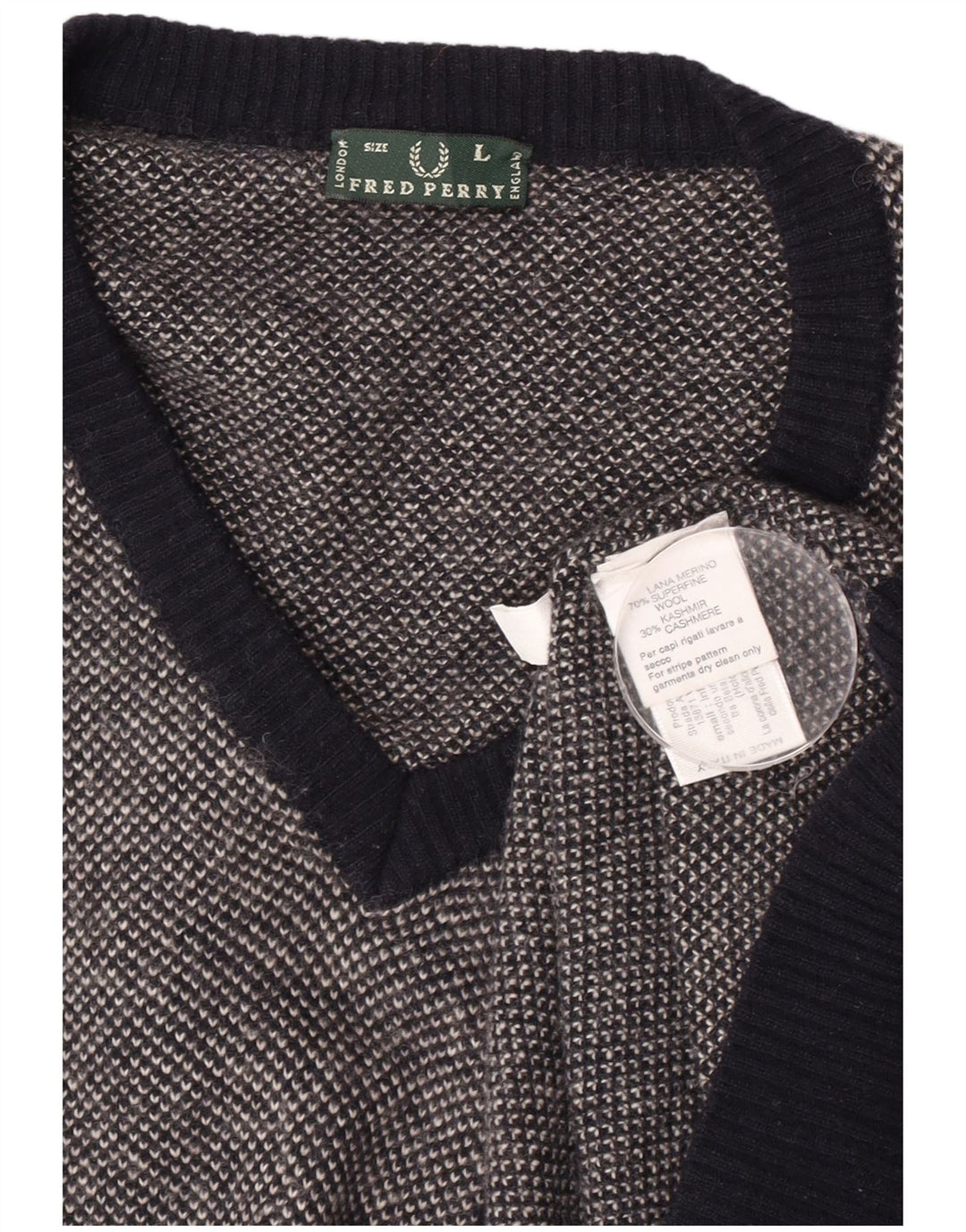 Męski sweter Fred Perry z dekoltem w kształcie litery V, duży, granatowy, wełniany w cętki