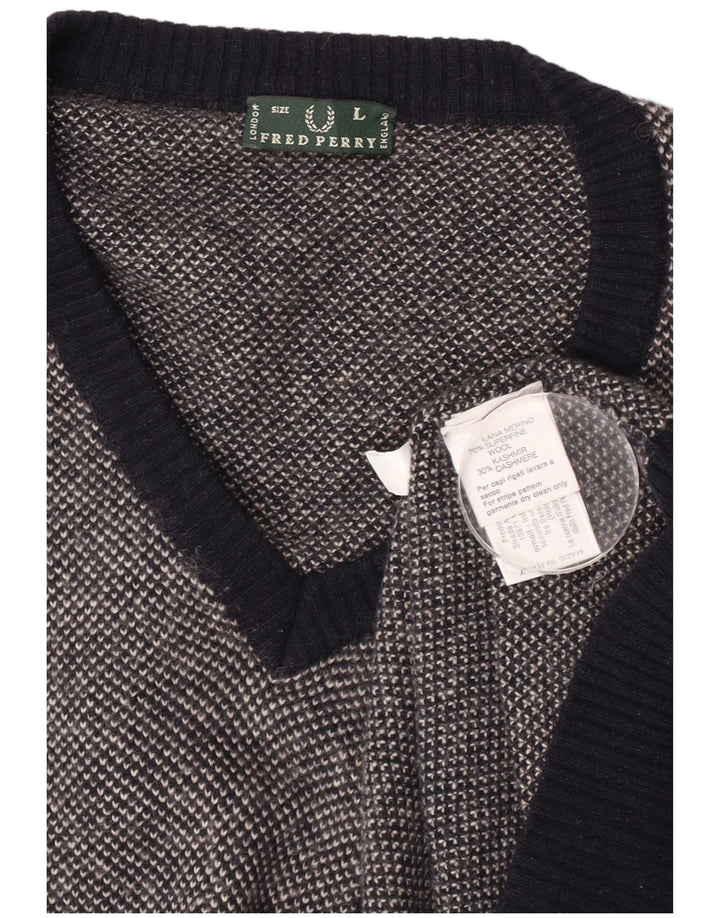 Męski sweter Fred Perry z dekoltem w kształcie litery V, duży, granatowy, wełniany w cętki