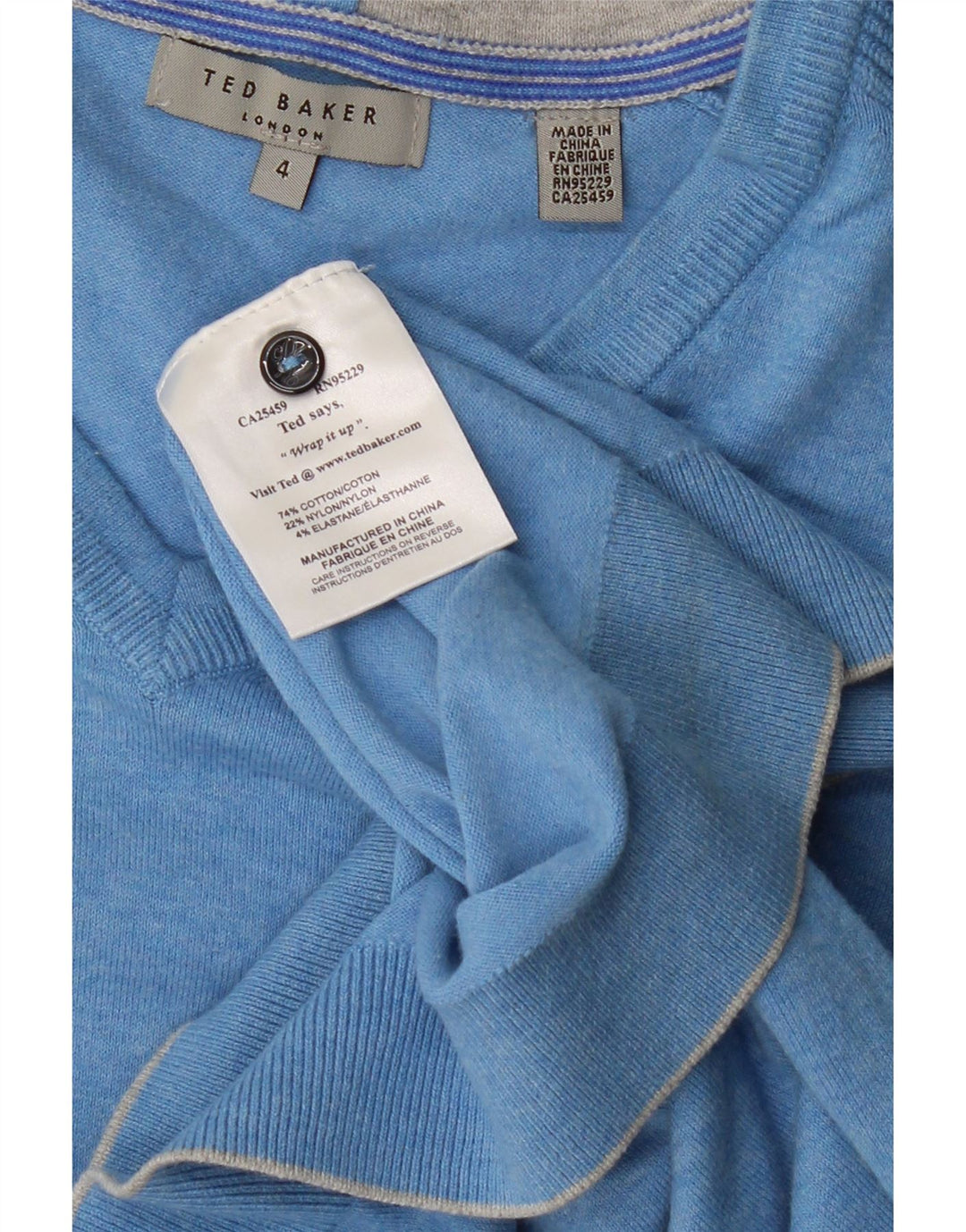 TED BAKER Męski sweter z dekoltem w kształcie litery V, rozmiar 4, duży, bawełniany w niebieskie plamki