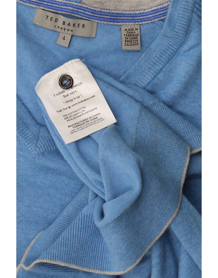 TED BAKER Męski sweter z dekoltem w kształcie litery V, rozmiar 4, duży, bawełniany w niebieskie plamki