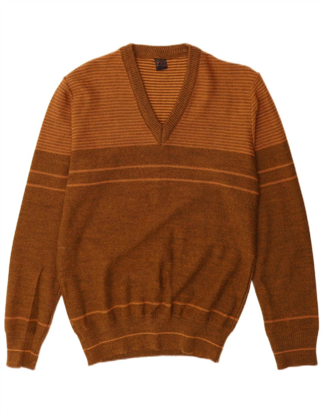 Vintage męski sweter z dekoltem w kształcie litery V, średni brązowy akryl w paski