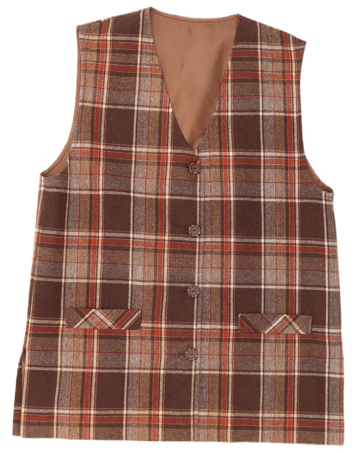 Damska marynarka bez rękawów, zapinana na 4 guziki, VINTAGE, UK 16, w dużą brązową kratkę
