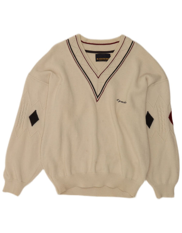 Il Granchio Męski sweter z dekoltem w kształcie litery V, duży, biały, argyle/diament