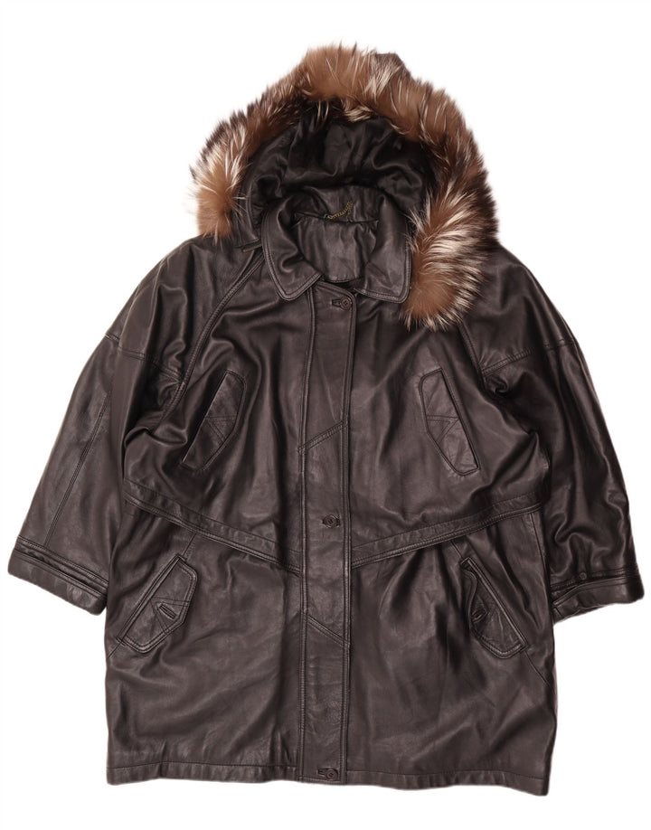 Vintage damski płaszcz skórzany z kapturem, oversize, EU 46 XL, czarna skóra