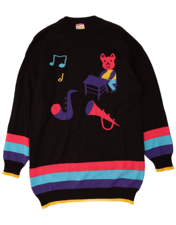 Damska sukienka sweterkowa VINTAGE z grafiką UK 16, duża, czarna, z blokami kolorów