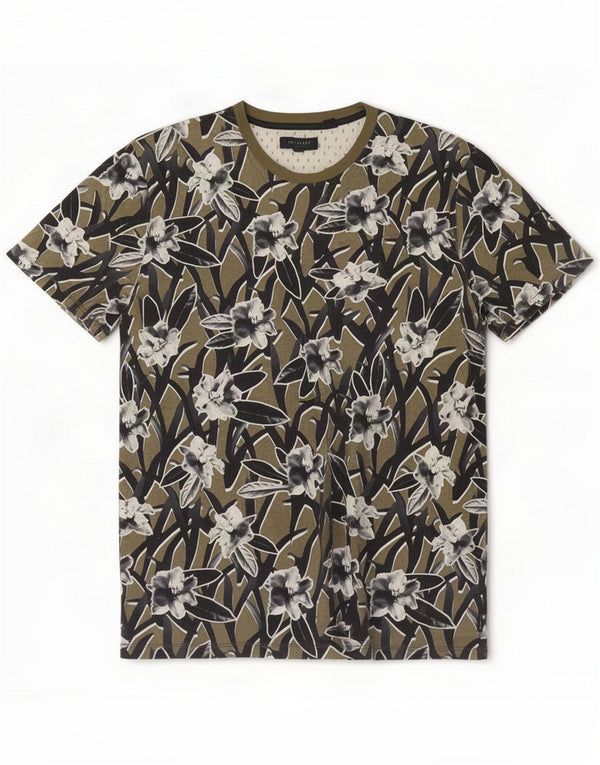 Ted Baker Mens T-Shirt Top Size 4 Large Khaki Floral Cotton