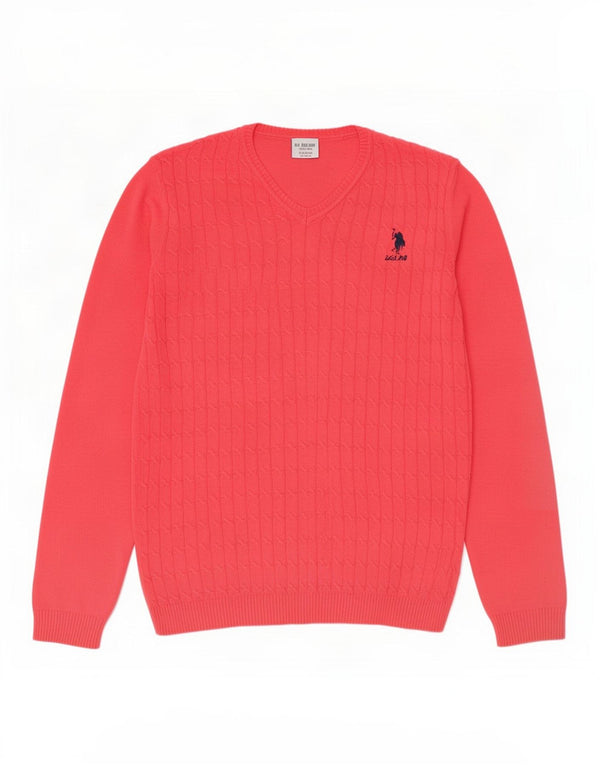 US Polo Assn. Sweter dziewczęcy z dekoltem w kształcie litery V, 12-13 lat, różowa bawełna