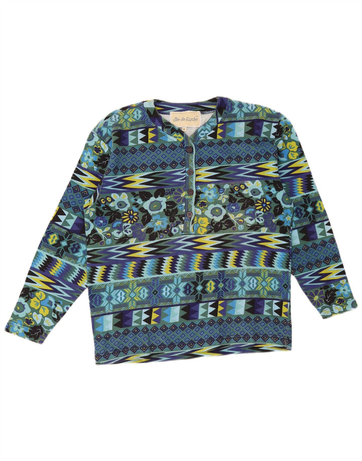 Top damski w stylu vintage z długim rękawem, UK 14, średni niebieski, geometryczny, bawełniany