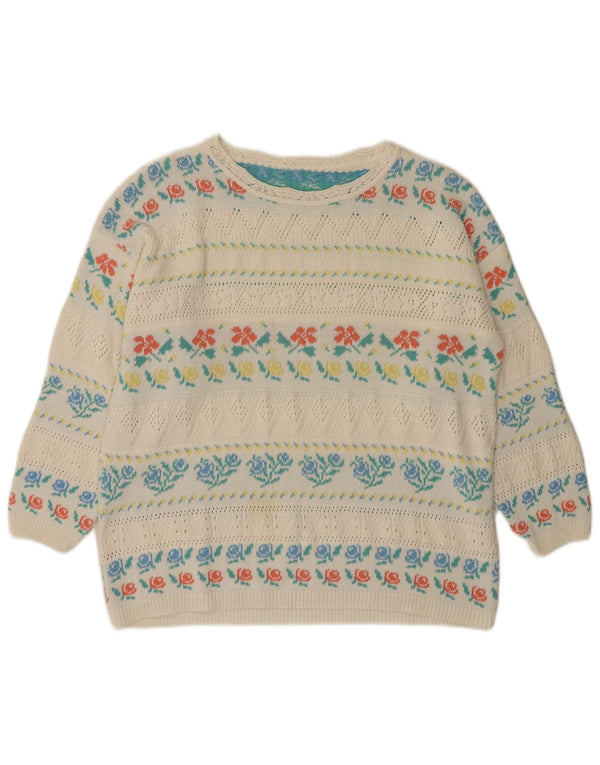 Damski sweter z dekoltem w łódkę w stylu VINTAGE IT 46, duży, biały, kwiatowy, akrylowy