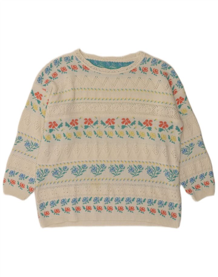 Damski sweter z dekoltem w łódkę w stylu VINTAGE IT 46, duży, biały, kwiatowy, akrylowy