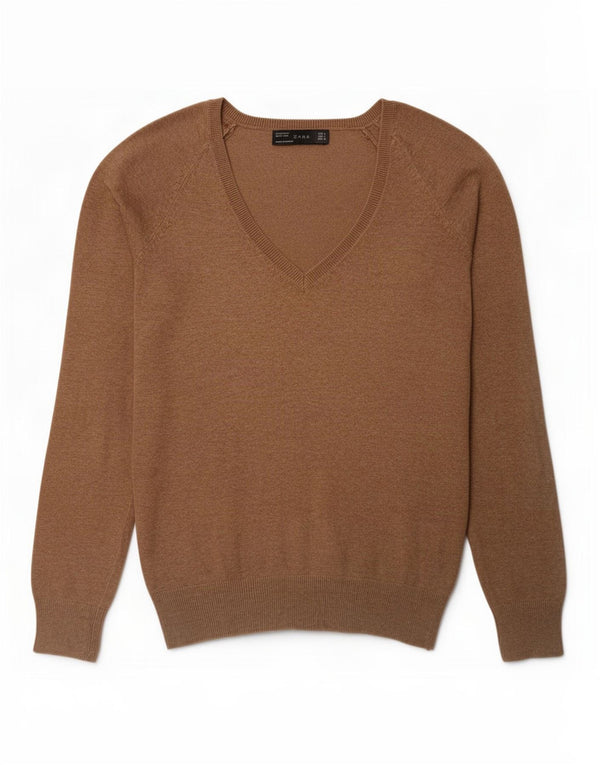 Sweter damski Zara z dekoltem w kształcie litery V, UK 14, duży, beżowy, bawełniany