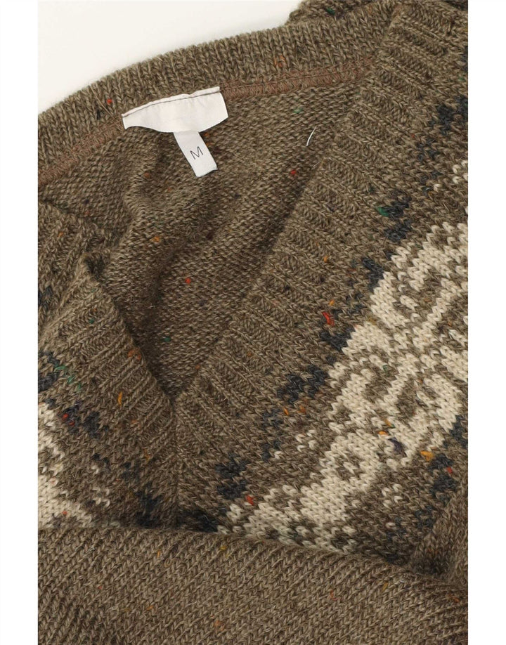 Męski sweter w stylu vintage z dekoltem w szpic, średni khaki Fair Isle