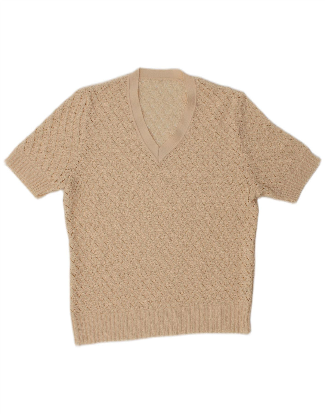 Damski sweter VINTAGE z krótkim rękawem i dekoltem w kształcie litery V IT 42 średni złamanej bieli