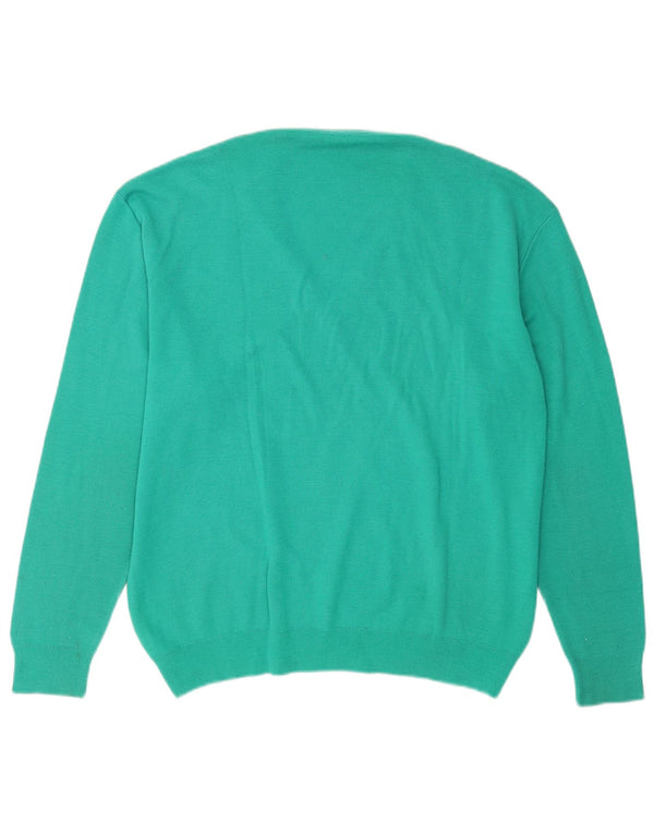 Sweter męski w stylu vintage z dekoltem w szpic, duży, turkusowy, wełniany