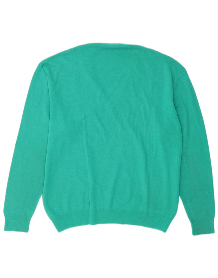 Sweter męski w stylu vintage z dekoltem w szpic, duży, turkusowy, wełniany