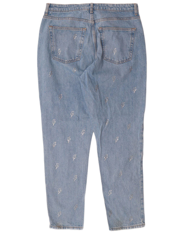 Damskie jeansy Mom z wysokim stanem Topshop W34 L29 Niebieskie geometryczne bawełniane