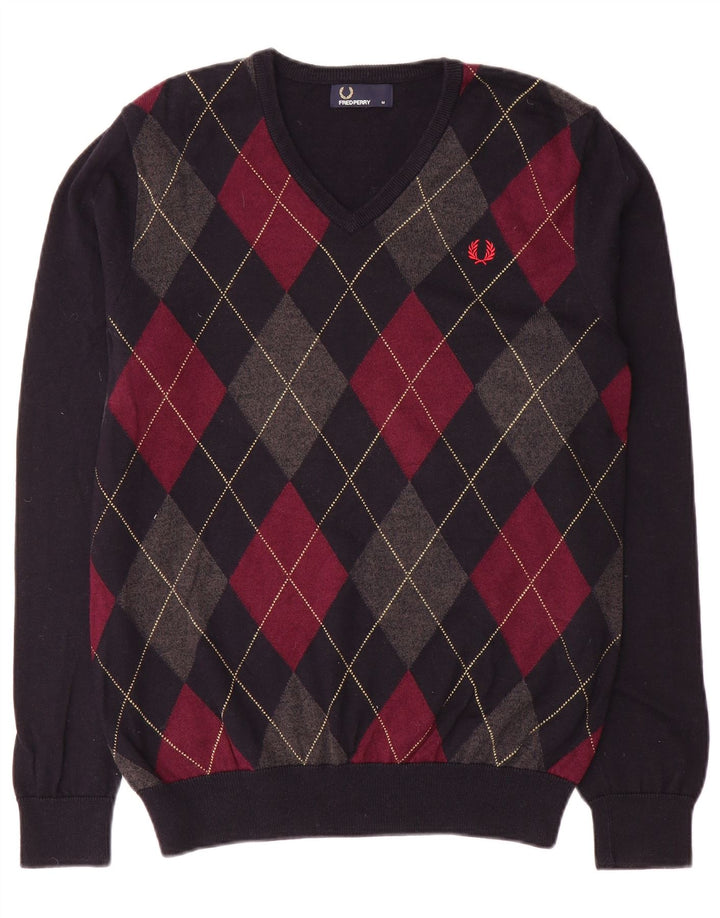 Męski sweter Fred Perry z dekoltem w kształcie litery V, średni granatowy Argyle/Diament