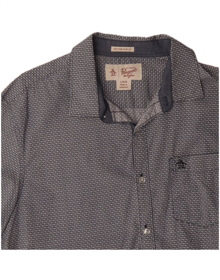 PENGUIN Męska koszula z krótkim rękawem Heritage Slim Fit, duża, niebieska, geometryczna