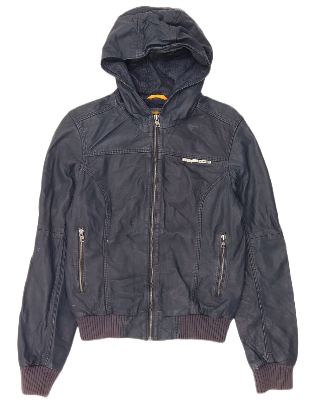 Damska skórzana kurtka z kapturem Superdry UK 14, średnia granatowa skóra