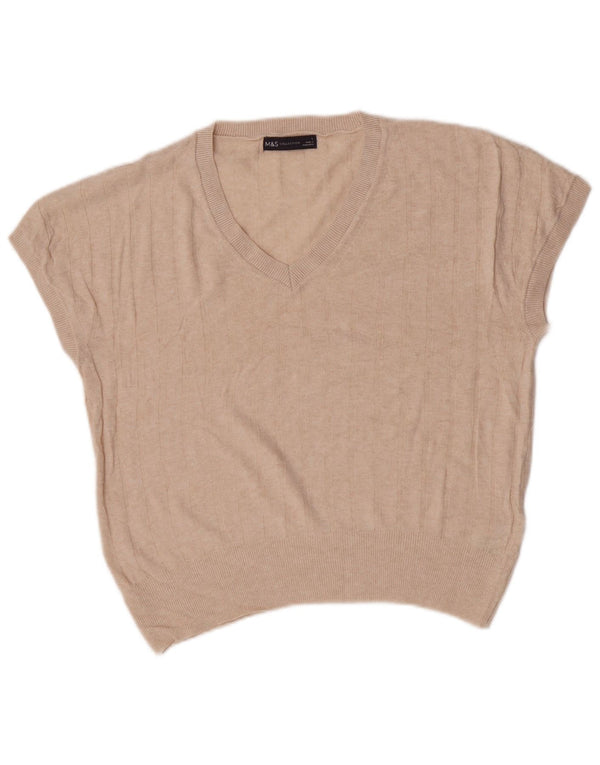 Marks & Spencer Damski sweter z dekoltem w kształcie litery V, UK 16, duży, beżowy, wiskoza