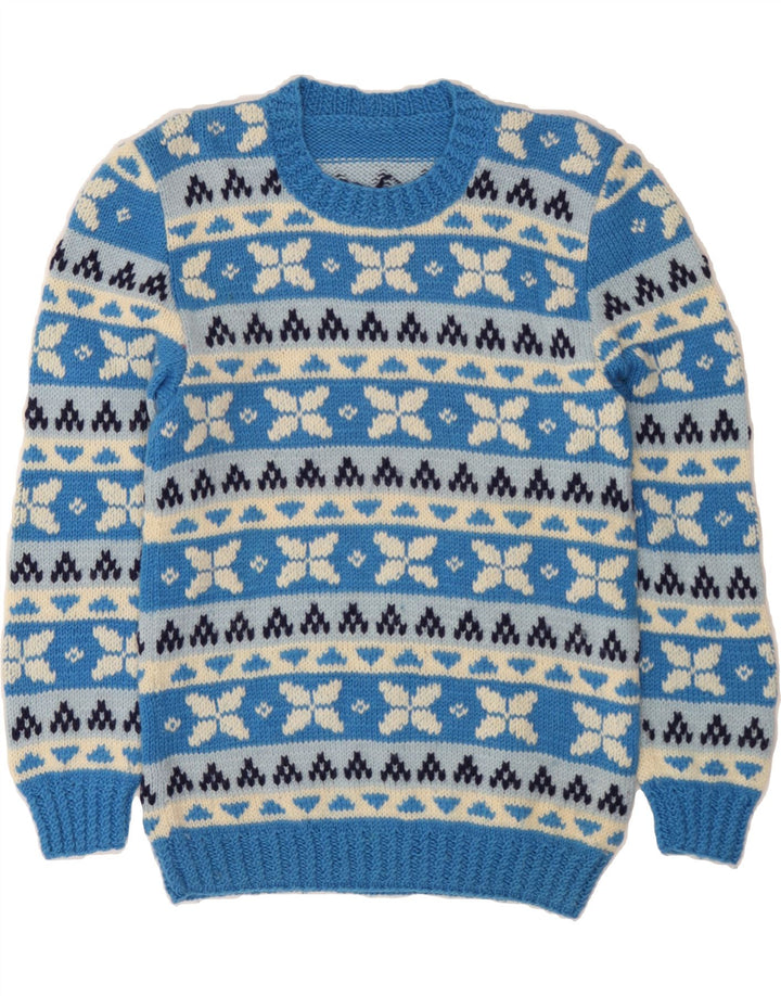 Męski sweter z okrągłym dekoltem w stylu VINTAGE, mały niebieski Fair Isle