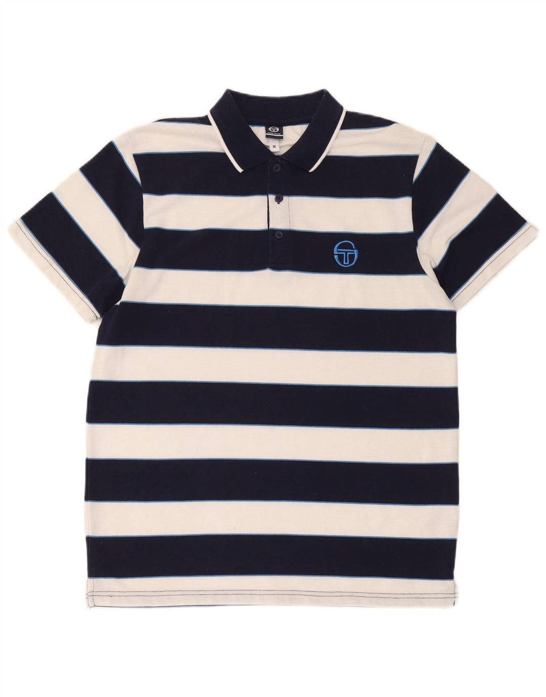 Sergio Tacchini Mens Polo Shirt Medium Navy Blue Striped Cotton