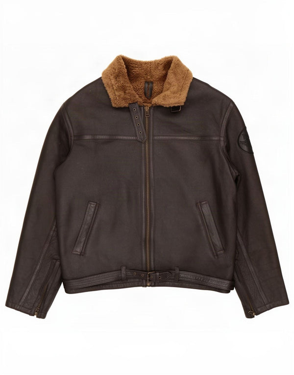 Vintage męska kurtka shearling UK 46 3XL brązowa skóra owcza